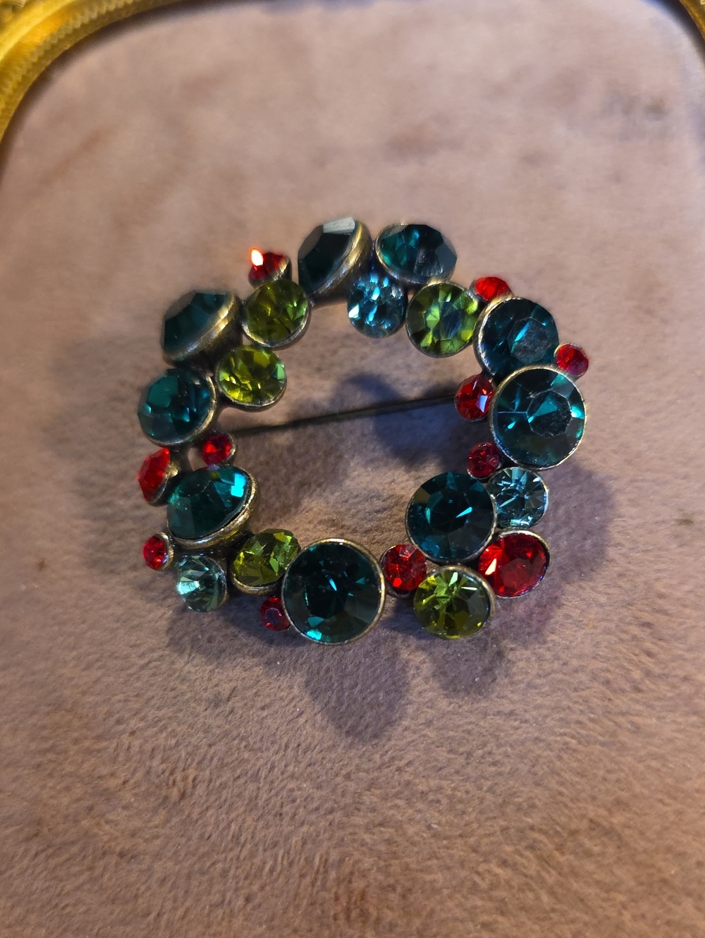 Vintage Multicolor Crystal Circle Brooch, Signed